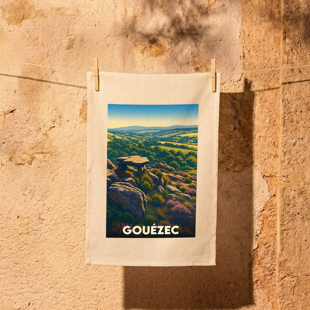 Torchon souvenir de la ville de Gouézec illustré d'un paysage naturel de landes et de collines.