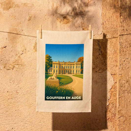 Torchon souvenir de la ville de Gouffern en Auge avec une illustration stylisée d'un château et de ses jardins.