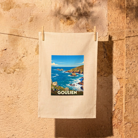 Torchon souvenir de la ville de Goulien avec une illustration stylisée d'un paysage côtier.
