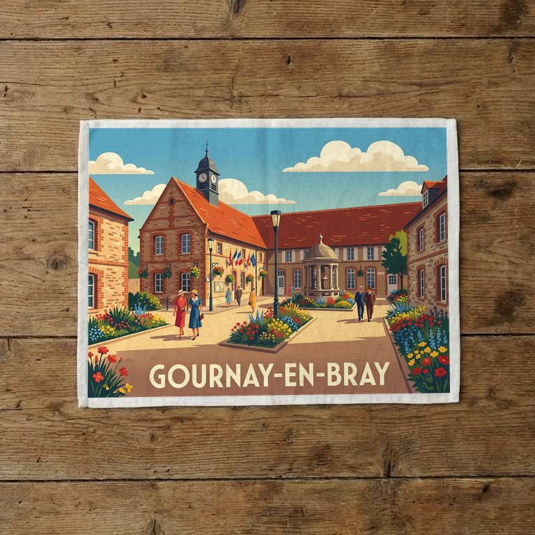 Torchon souvenir de la ville de Gournay-en-Bray avec une illustration colorée et stylisée.