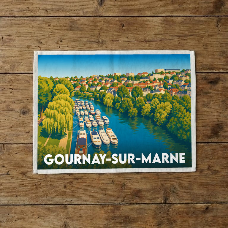 Torchon souvenir de la ville de Gournay-sur-Marne illustrant une scène de navigation sur la Marne.