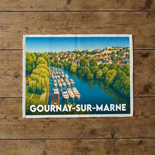 Torchon souvenir de la ville de Gournay-sur-Marne illustrant une scène de navigation sur la Marne.