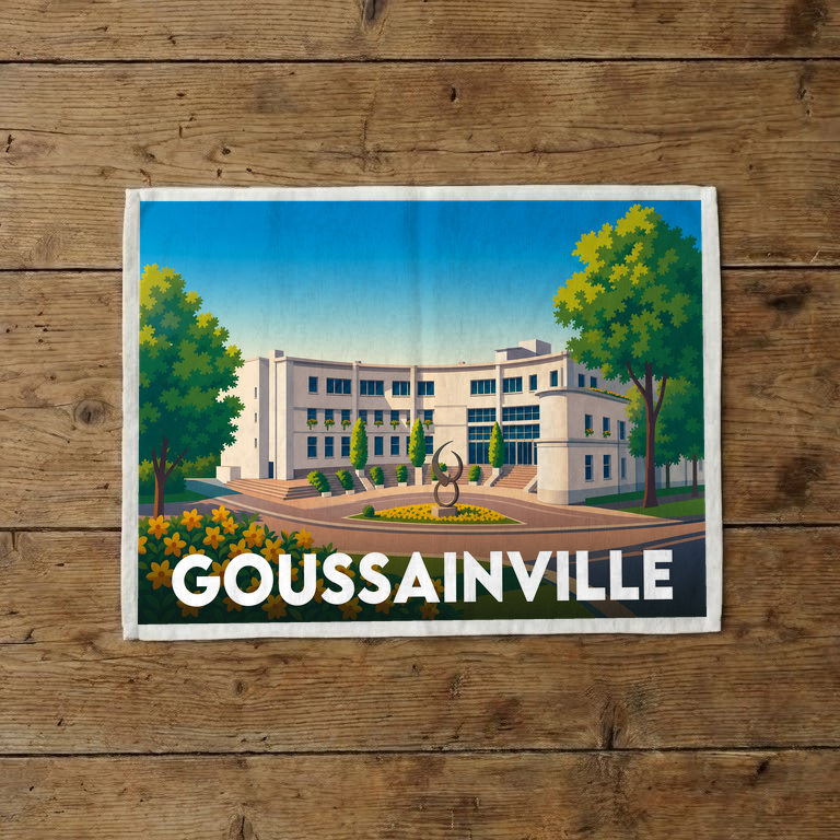 Torchon souvenir de la ville de Goussainville avec une illustration stylisée de son architecture.
