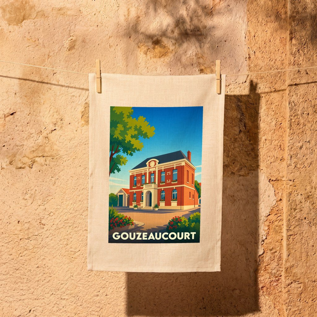 Torchon souvenir de la ville de Gouzeaucourt avec une illustration stylisée d'un bâtiment remarquable.