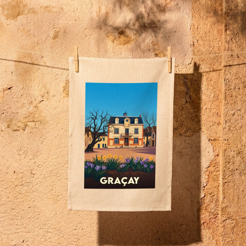Torchon souvenir de la ville de Graçay orné d'une illustration stylisée de sa place principale.