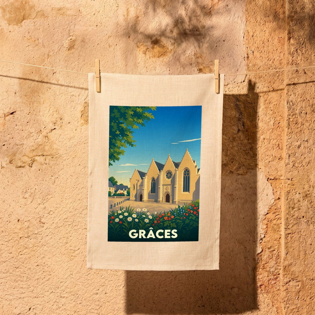 Torchon souvenir de la ville de Grâces avec une illustration stylisée de son église.