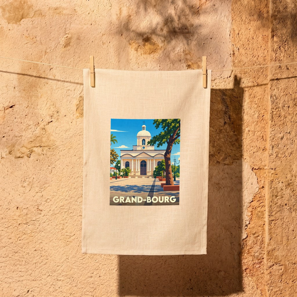 Torchon souvenir de la ville de Grand-Bourg avec une illustration stylisée de son église.