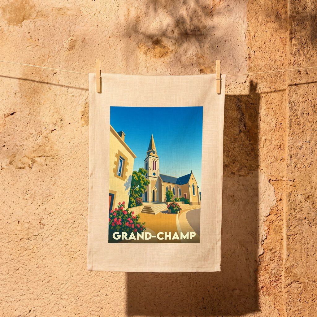 Torchon souvenir de la ville de Grand-Champ avec une illustration stylisée de son église.
