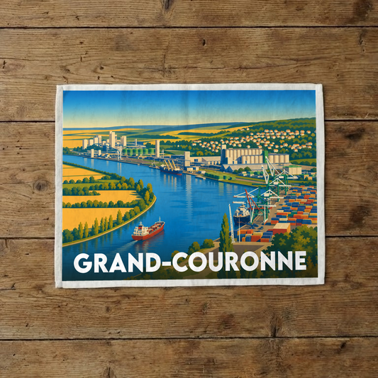 Torchon souvenir de la ville de Grand-Couronne avec une illustration stylisée de son port industriel et de la Seine.