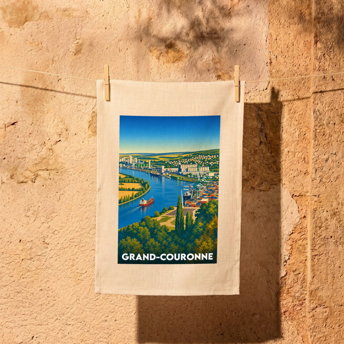Torchon souvenir de la ville de Grand-Couronne avec une illustration stylisée de son port industriel et de la Seine.