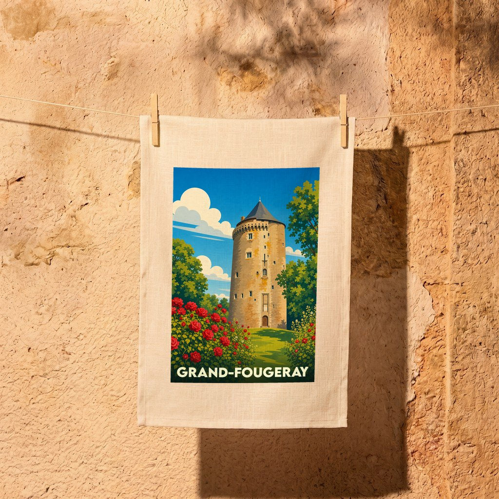 Torchon souvenir de la ville de Grand-Fougeray avec une illustration stylisée de son donjon médiéval.