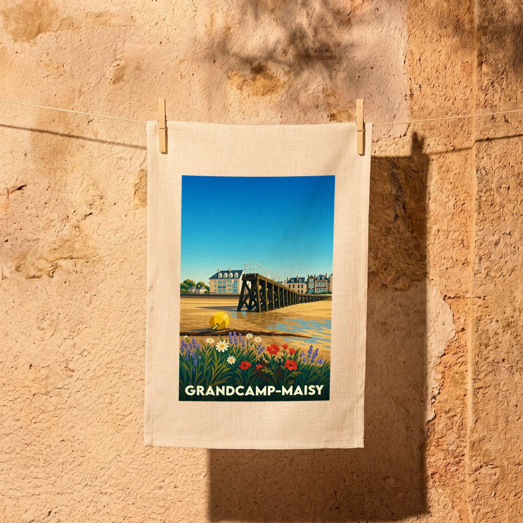 Torchon souvenir de la ville de Grandcamp-Maisy avec une illustration de bord de mer colorée et stylisée.