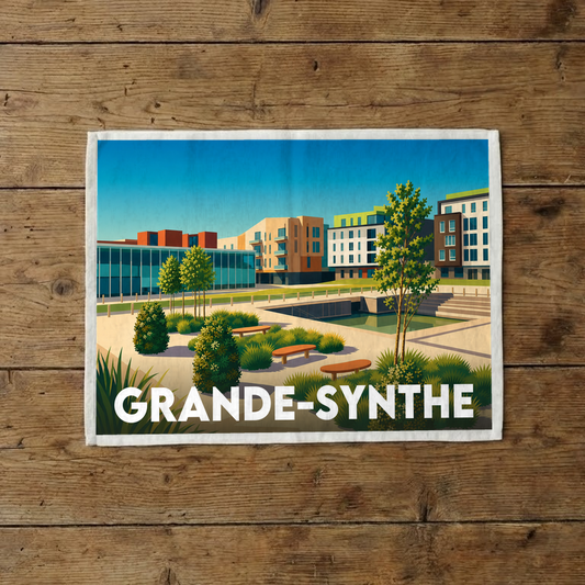 Torchon souvenir de la ville de Grande-Synthe avec une illustration stylisée de son paysage urbain.