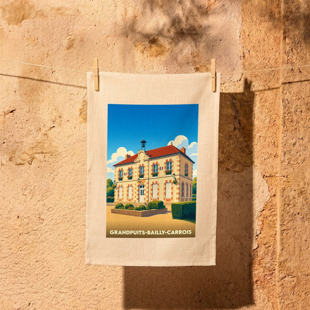 Torchon souvenir de la ville de Grandpuits-Bailly-Carrois avec une illustration stylisée de sa mairie.