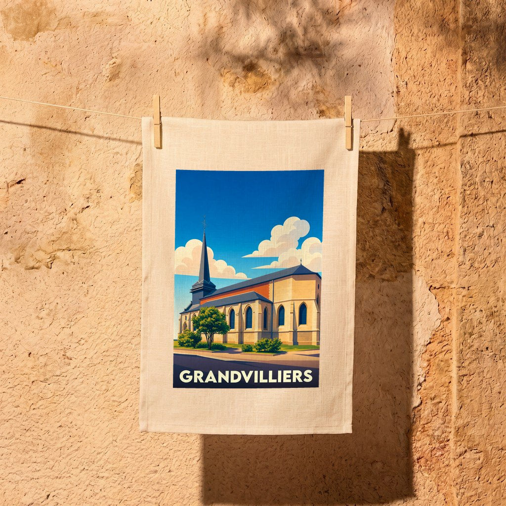 Torchon souvenir de la ville de Grandvilliers avec une illustration stylisée d'une église.