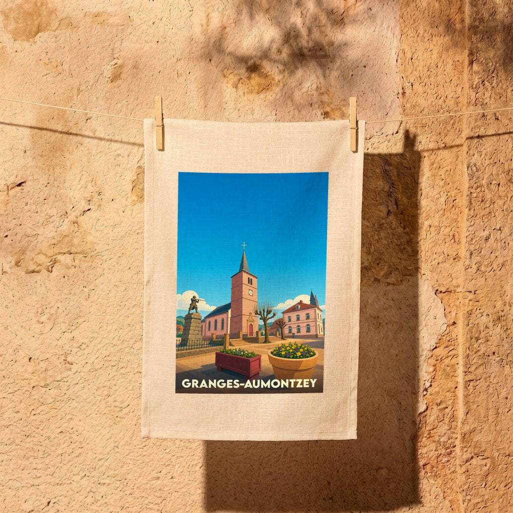 Torchon souvenir de la ville de Granges-Aumontzey avec une illustration stylisée.