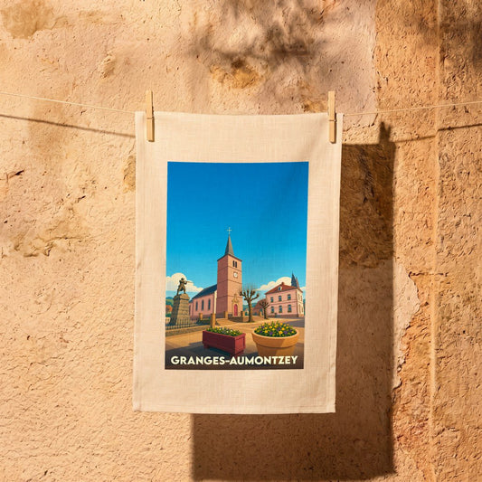 Torchon souvenir de la ville de Granges-Aumontzey avec une illustration stylisée.