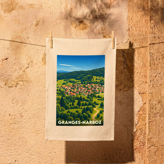 Torchon souvenir de la ville de Granges-Narboz avec une illustration stylisée de son paysage vallonné.