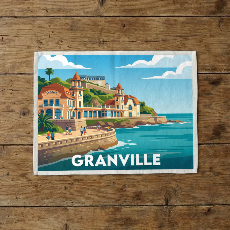 Torchon souvenir de la ville de Granville avec une illustration stylisée de son front de mer.