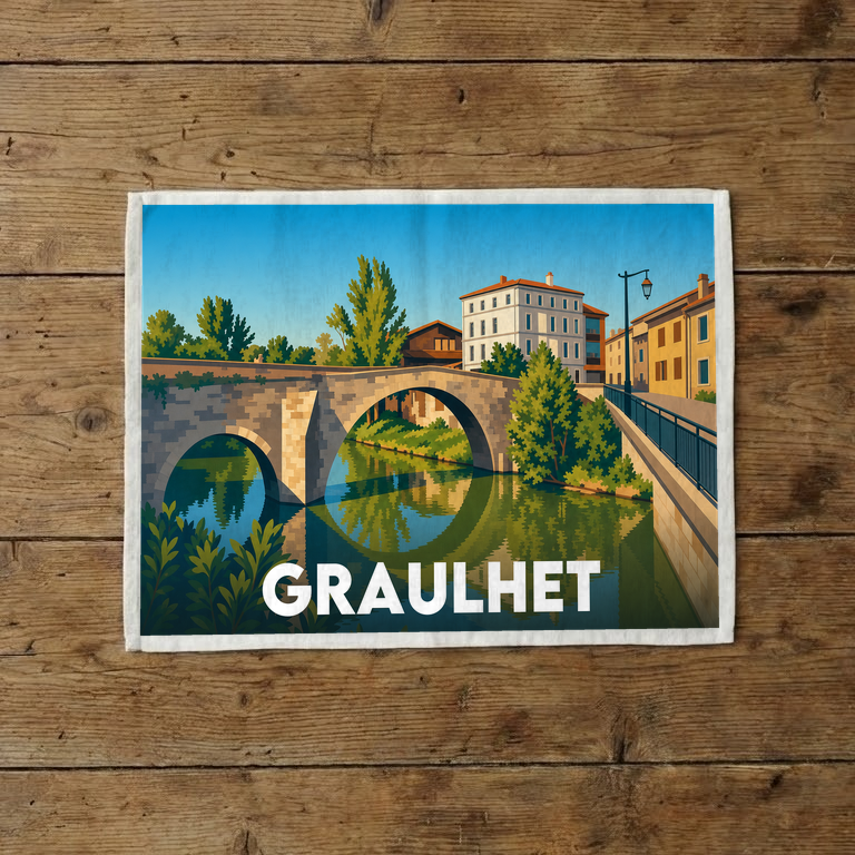 Torchon souvenir de la ville de Graulhet avec une illustration stylisée d'un pont de pierre et de bâtiments en bord de rivière.