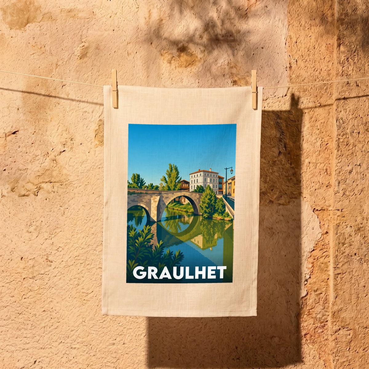 Torchon souvenir de la ville de Graulhet avec une illustration stylisée d'un pont de pierre et de bâtiments en bord de rivière.