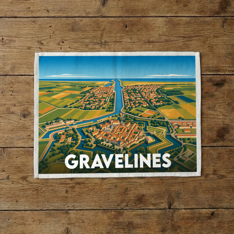 Torchon souvenir de la ville de Gravelines illustré d'une vue aérienne stylisée de ses fortifications.