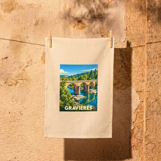 Torchon souvenir de la ville de Gravières orné d'une illustration stylisée de son pont.
