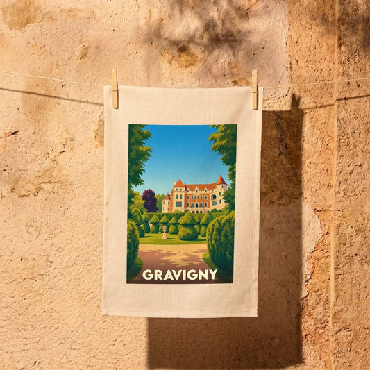Torchon souvenir de la ville de Gravigny avec une illustration stylisée de son château et de ses jardins.