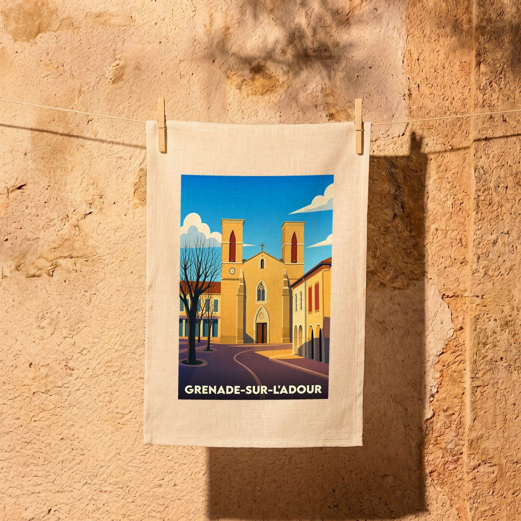 Torchon souvenir de la ville de Grenade-sur-l'Adour illustré par une église stylisée sous un ciel bleu.