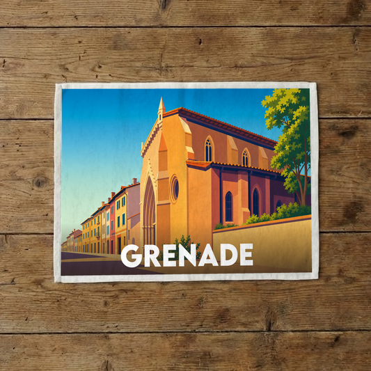 Torchon souvenir de la ville de Grenade illustré d'une église et de façades colorées dans un style rétro.