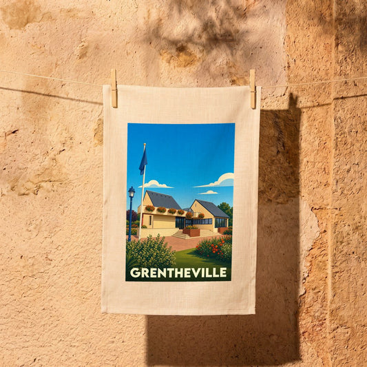 Torchon souvenir de la ville de Grentheville avec une illustration stylisée.