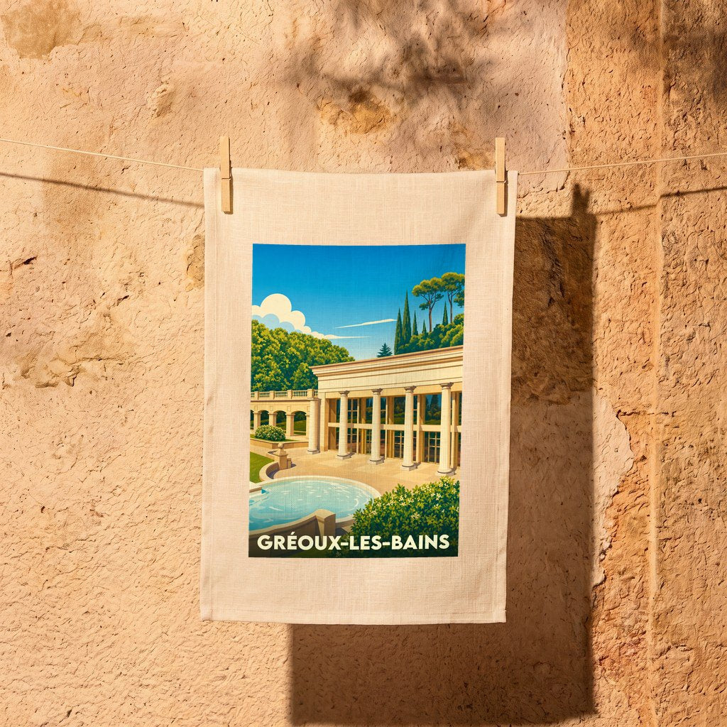 Torchon souvenir de la ville de Gréoux-les-Bains orné d'une illustration stylisée de ses thermes.