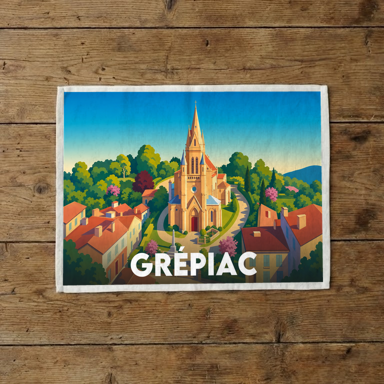 Torchon souvenir de la ville de Grépiac illustré d'une vue stylisée du clocher et des maisons du village.