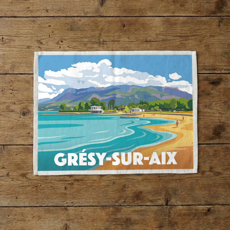Torchon souvenir de la ville de Grésy-sur-Aix avec une illustration stylisée d'un paysage de lac et de montagnes.