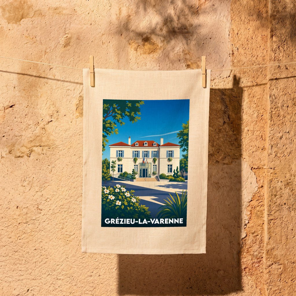 Torchon souvenir de la ville de Grézieu-la-Varenne avec une illustration stylisée de sa mairie.