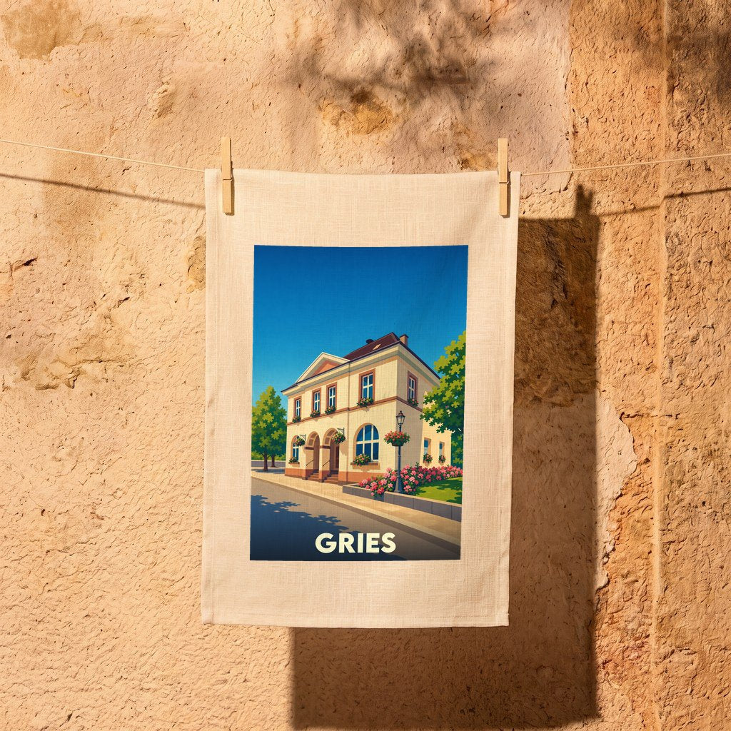 Torchon souvenir de la ville de Gries avec une illustration stylisée.