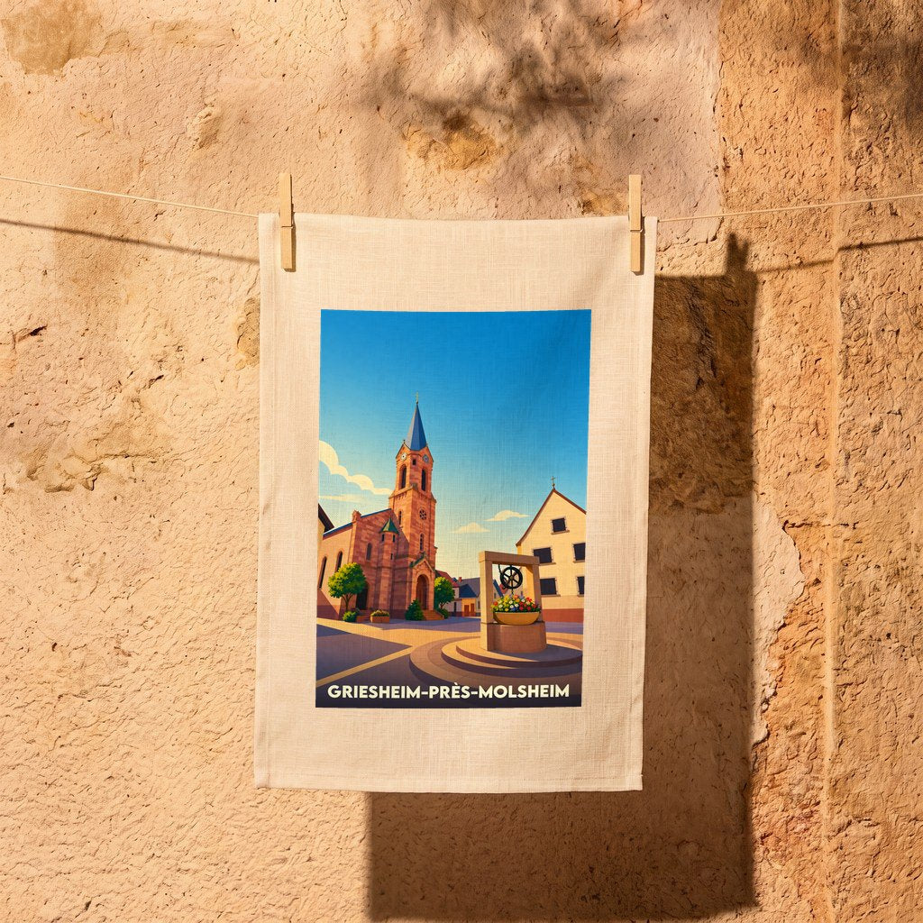 Torchon souvenir de la ville de Griesheim-près-Molsheim illustré d'un paysage urbain stylisé.
