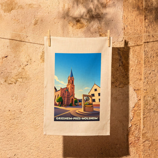 Torchon souvenir de la ville de Griesheim-près-Molsheim illustré d'un paysage urbain stylisé.