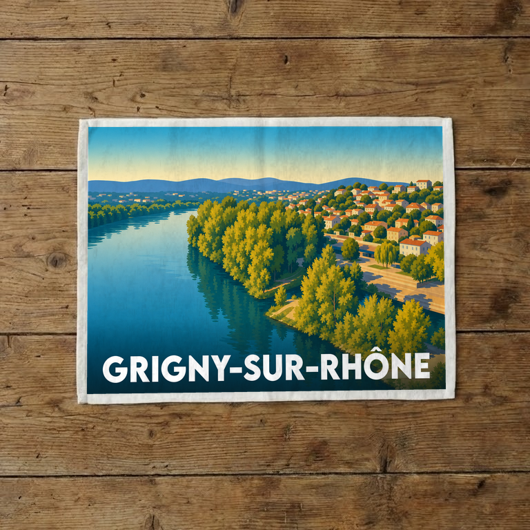 Torchon souvenir de la ville de Grigny-sur-Rhône avec une illustration stylisée des bords du Rhône.
