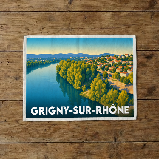 Torchon souvenir de la ville de Grigny-sur-Rhône avec une illustration stylisée des bords du Rhône.