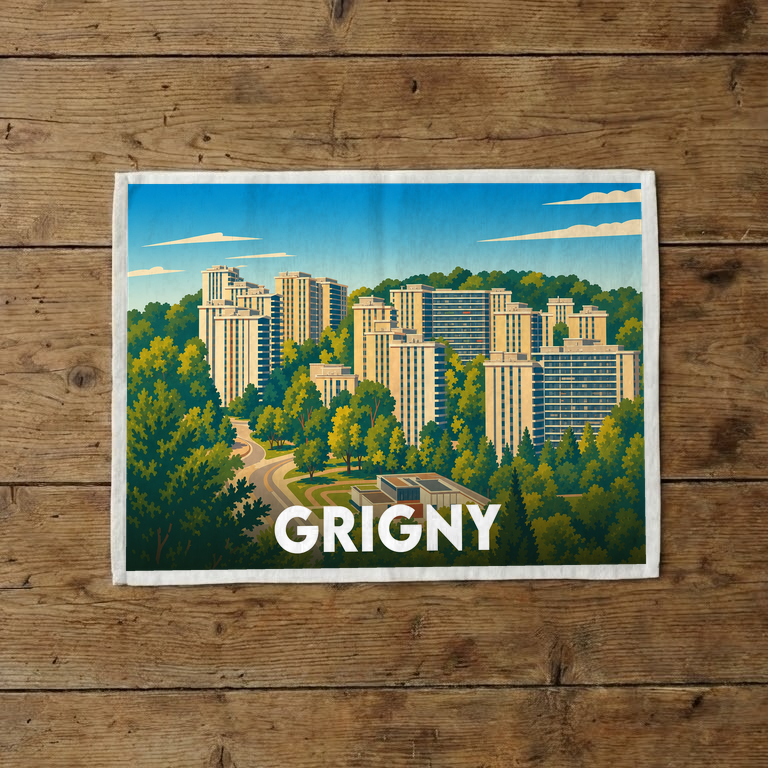 Torchon souvenir de la ville de Grigny orné d'une illustration stylisée de ses grands ensembles résidentiels nichés dans la verdure.