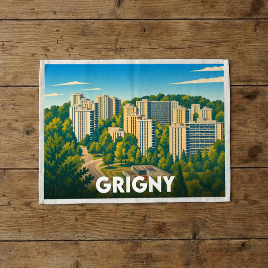 Torchon souvenir de la ville de Grigny orné d'une illustration stylisée de ses grands ensembles résidentiels nichés dans la verdure.