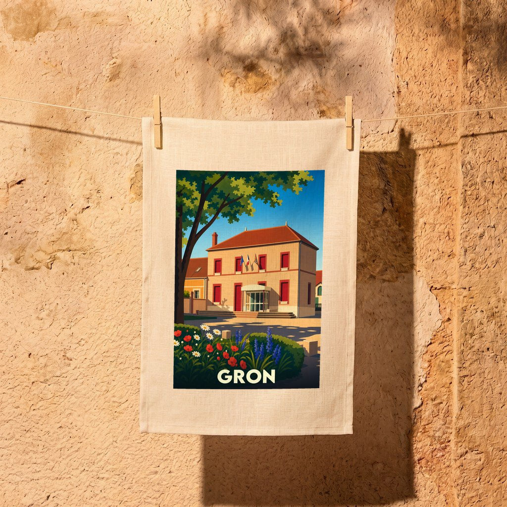 Torchon souvenir de la ville de Gron avec une illustration stylisée de sa mairie.