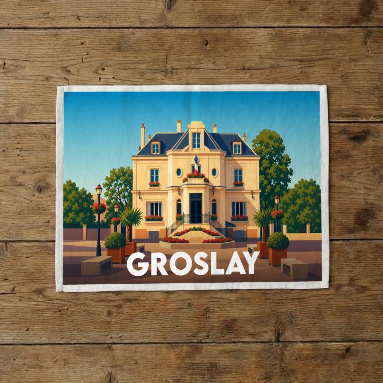 Torchon souvenir de la ville de Groslay illustré d'un bâtiment élégant dans un style rétro.