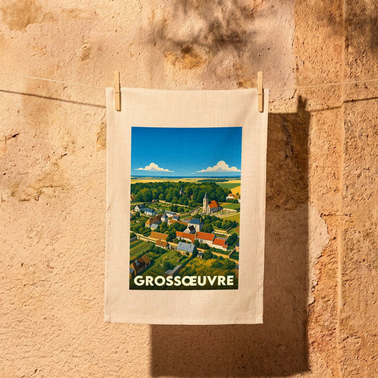 Torchon souvenir de la ville de Grossœuvre avec une illustration stylisée.