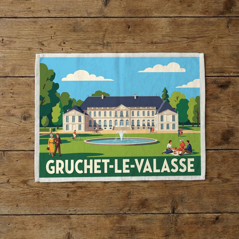 Torchon souvenir de la ville de Gruchet-le-Valasse avec une illustration stylisée d'un château et de ses jardins.