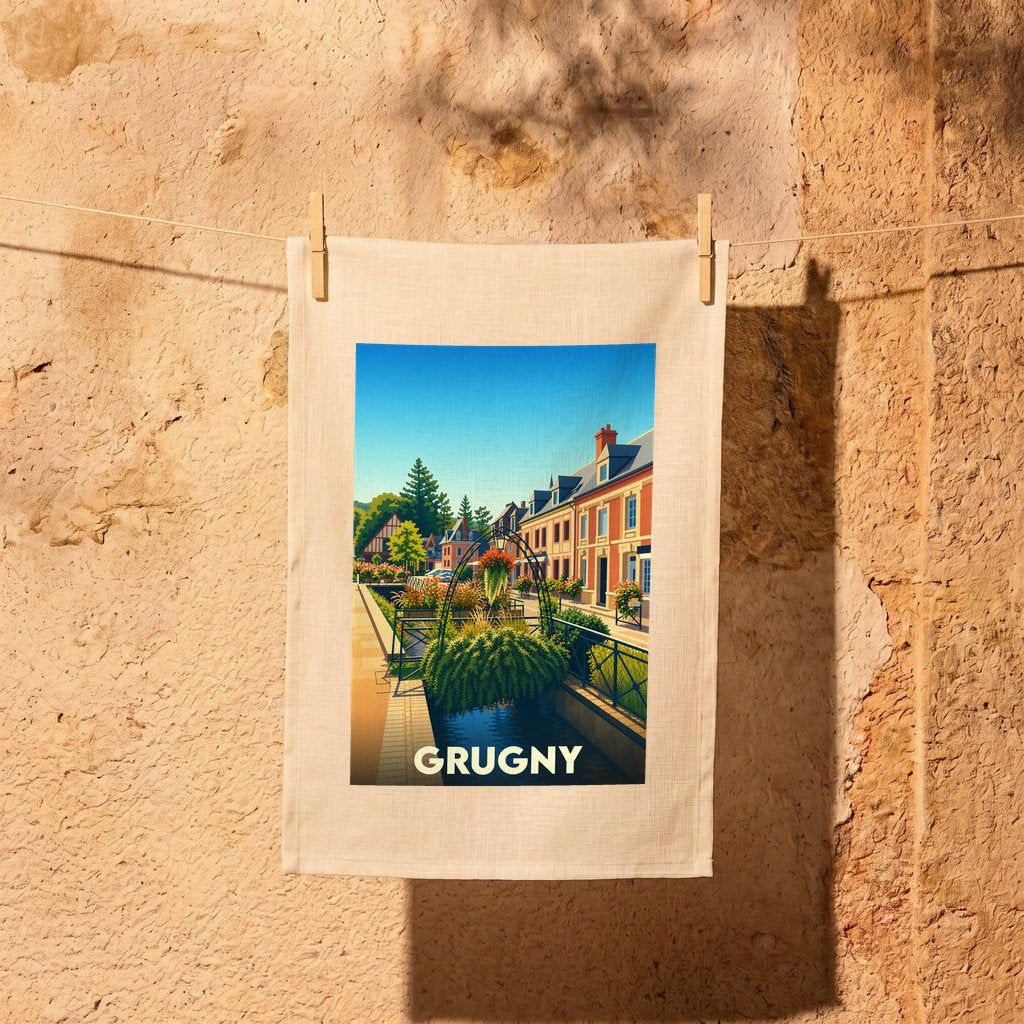 Torchon souvenir de la ville de Grugny avec une illustration stylisée.