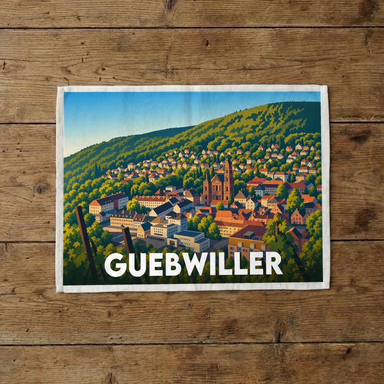 Torchon souvenir de la ville de Guebwiller orné d'une illustration stylisée et colorée de la commune alsacienne.