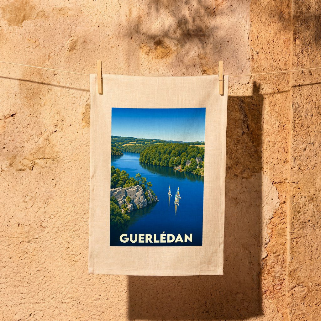 Torchon souvenir de la ville de Guerlédan illustré d'un paysage de lac et de falaises boisées.