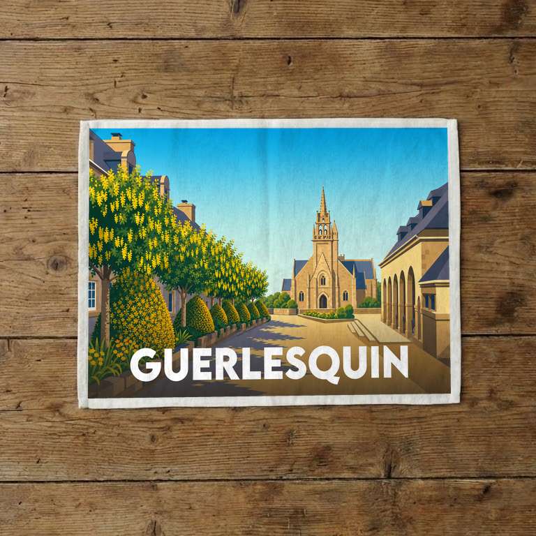 Torchon souvenir de la ville de Guerlesquin avec une illustration stylisée.